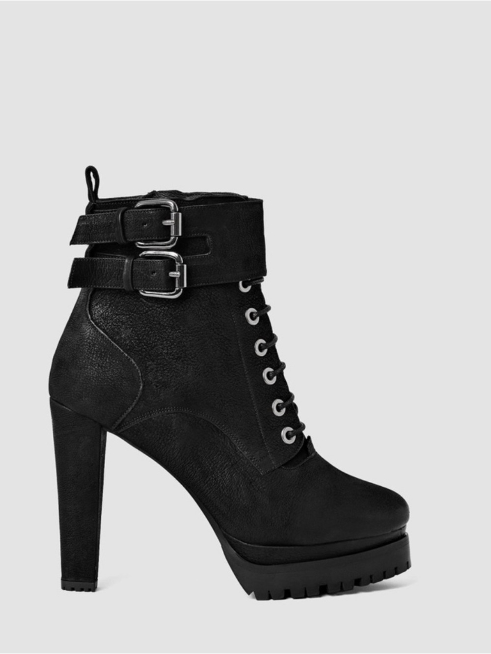 All Saints Black Platform Lace-Up Ankle Boot with Buckles